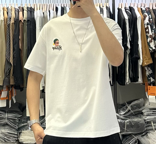EXO夏季男卡通人物刺绣圆领短袖T恤韩版弹力百搭修身薄款半袖