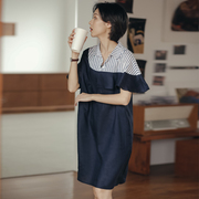 韩国2024夏女装文艺范宽松拼接条纹假两件麻料直筒连衣裙
