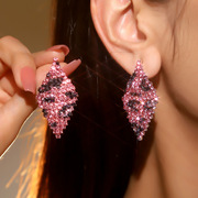 粉色豹纹系列欧美奢华超闪水钻长款流苏耳环，女时尚气质耳钉耳饰