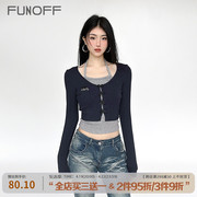 funoff美式复古撞色刺绣，两件套长袖t恤辣妹，收腰修身绑带针织上衣