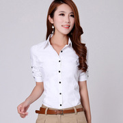 ol衬衫上衣女式韩国修身短袖棉女装职业，白色纯色通勤显瘦翻领
