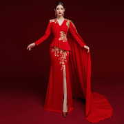 舞台表演主持人礼服女成人走秀长款演出优雅中国风模特红色晚礼服