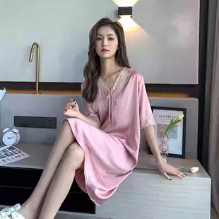 品牌新款加大码真丝睡衣女士夏季性感短袖睡裙冰丝绸缎睡袍家居服