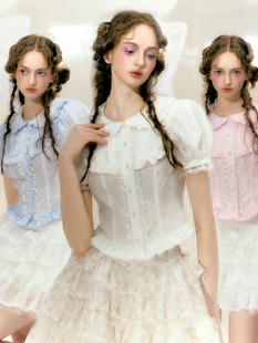 narrator原创设计白色蓝色粉色，格纹夏装内搭蕾丝公主短袖棉衬衫