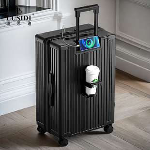 璐思迪多功能充电杯架拉杆箱可扩展行李箱男女登机箱，黑色托运箱包