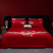 中式刺绣结婚床上四件套红色，喜被120支全棉被套婚庆床单床上用品