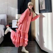韩国温柔甜美风长袖粉色，百褶卫衣裙女春秋，中长款宽松假两件连衣裙