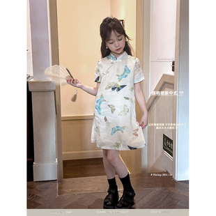 中国风夏装女童纯棉麻，蝴蝶改良旗袍，裙子儿童新中式盘扣短袖连衣裙