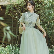 夏季中国风年轻款，汉服改良复古短袖绣花旗袍，中式印花连衣裙