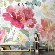 katiya美式手绘田园牡丹花艺术，客厅电视背景墙壁纸，无缝壁画墙布8d