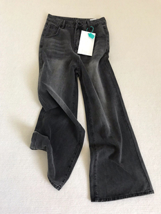 美式复古黑灰色牛仔裤，男2024春秋宽松阔腿设计感小众直筒裤子
