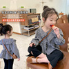 艾摩贝贝韩版童装女童黑白撞色洋气V领木耳花边气质格子娃娃衬衫