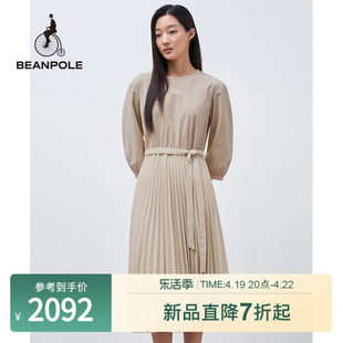 BEANPOLE滨波 2024春夏女士圆领百褶中长款腰带连衣裙