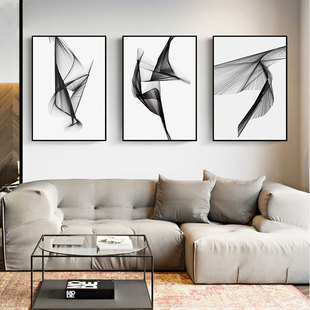 艺术轻奢黑白抽象线条客厅装饰画现代简约沙发背景墙壁画三联挂画