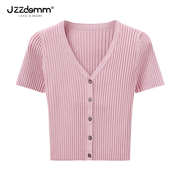 九州诚品/JZZDEMM法式坑条修身短款针织短袖开衫女夏时尚百搭上衣