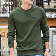jeep男纯棉宽松卫衣圆领长袖，上衣军绿色t恤春秋季打底衫