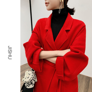 大红色双面大衣女2023秋冬季设计感高端结婚过年装羊毛呢外套