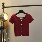 港风酒红色复古方，领短款短袖针织t恤女夏季冰丝，修身针织衫上衣薄