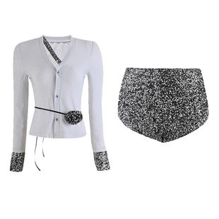 佐丽/2024针织法式薄款开衫+银色亮片超短短裤时尚两件套装女