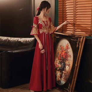 孕妇敬酒服新娘酒红色结婚礼服，女大码胖mm长款中式婚服婚礼礼服