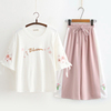 日系森系套装女夏季国潮樱花刺绣，t恤姐妹学生闺蜜装小清新两件套