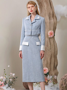 优雅名媛蓝色套装裙春冬气质感短外套中长款半裙小香风两件套