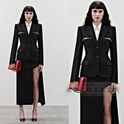 高级定制欧美大牌黑色，丝毛西装外套+开叉长，半裙时尚西服套装修身