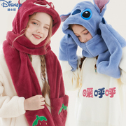 迪士尼儿童围巾帽子手套三件套秋冬草莓熊防风护耳保暖女童毛绒帽