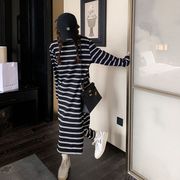 黑白条纹长袖卫衣裙女2023秋季慵懒风牛仔，马甲t恤连衣裙套装