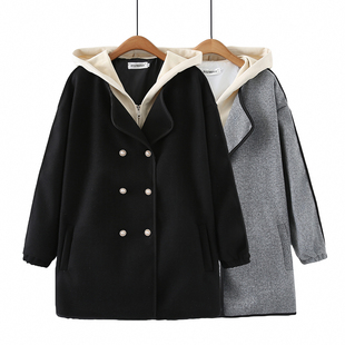 大码冬季韩版保暖外套，中长款连帽假两件拼接双排，扣毛呢大衣