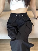 黑色美式工装裤女2024春季高腰复古束脚运动裤宽松窄版阔腿裤
