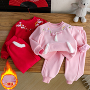 女童民族风加绒年款卫衣，套装红色儿童新年服加厚秋冬装韩版两件套