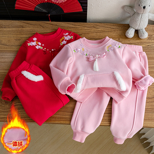 女童民族风加绒年款卫衣套装红色，儿童新年服加厚秋冬装韩版两件套