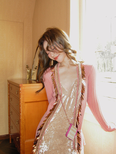 smol粉色针织外套，女薄款秋装设计感亮片上衣修身长袖小开衫