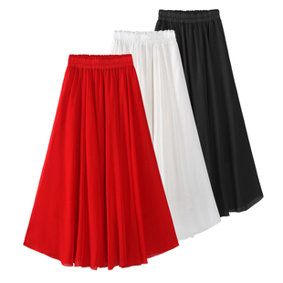 白色雪纺广场舞红裙子，跳舞红色半身裙小个子长裙，大摆裙舞蹈裙