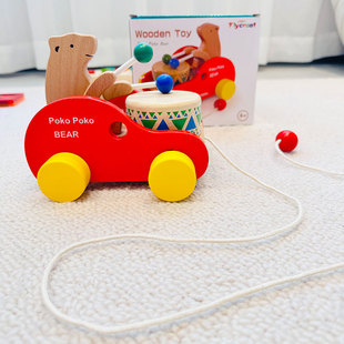 儿童小熊敲鼓学步拖拉玩具，宝宝拉线牵引手推车，拉拉车1-2岁榉木制