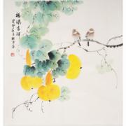新中式三尺斗方纯手绘葫芦国画客厅背景墙荔枝手工真迹装饰花鸟画