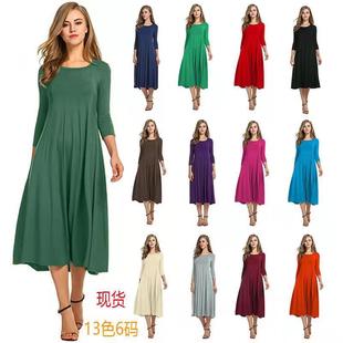 3欧美秋季女装亚马逊ebay跨境圆领中袖纯色，大摆连衣裙826