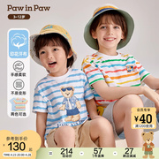 PawinPaw卡通小熊童装24年夏季男童撞色彩虹条纹纯棉短袖T恤