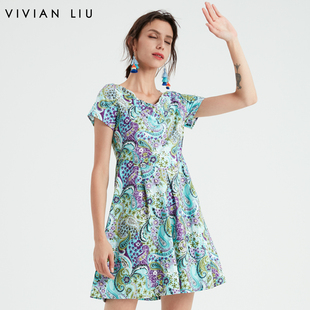 VIVIAN LIU/红英 Y1834106 夏季女装复古印花压褶修身大摆连衣裙