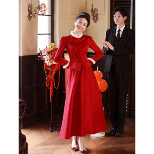 新中式敬酒服2023新娘套装，酒红色秀禾服冬季加绒旗袍订婚礼服