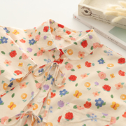 夏季日系甜美文艺花朵，印花短袖衬衫，女蝴蝶结系带衬衣学生上衣