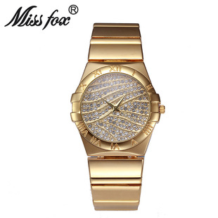 手表missfox潮流镶水钻表带女士石英手表时装腕表品牌V230时尚