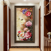 牡丹花美式玄关装饰画手绘油画花开富贵客厅挂画复古欧式走廊壁画