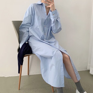 韩国chic小众奶软蓝翻领，单排扣宽松休闲百搭中长款衬衫，式连衣裙女