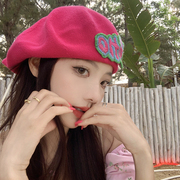 红色刺绣贝雷帽女夏季薄款透气蓓蕾画家帽，百搭大头围显脸小帽子潮