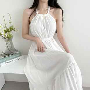 韩系chic夏季法式气质挂脖系带收腰显瘦无袖背心中长款连衣裙女