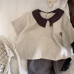森系复古气质韩国儿童蝴蝶，领棉麻短袖，娃娃衫女童宽松苎麻衬衫