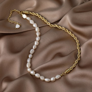 韩版复古麻花链条珍珠项链冷淡风珍珠欧美项链巴洛克珍珠项链