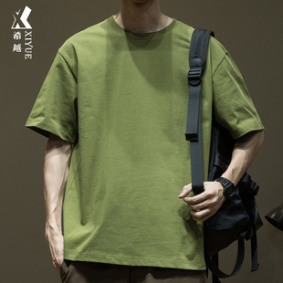 280g重磅纯棉短袖T恤男2024夏季休闲男士宽松大码军绿色体恤